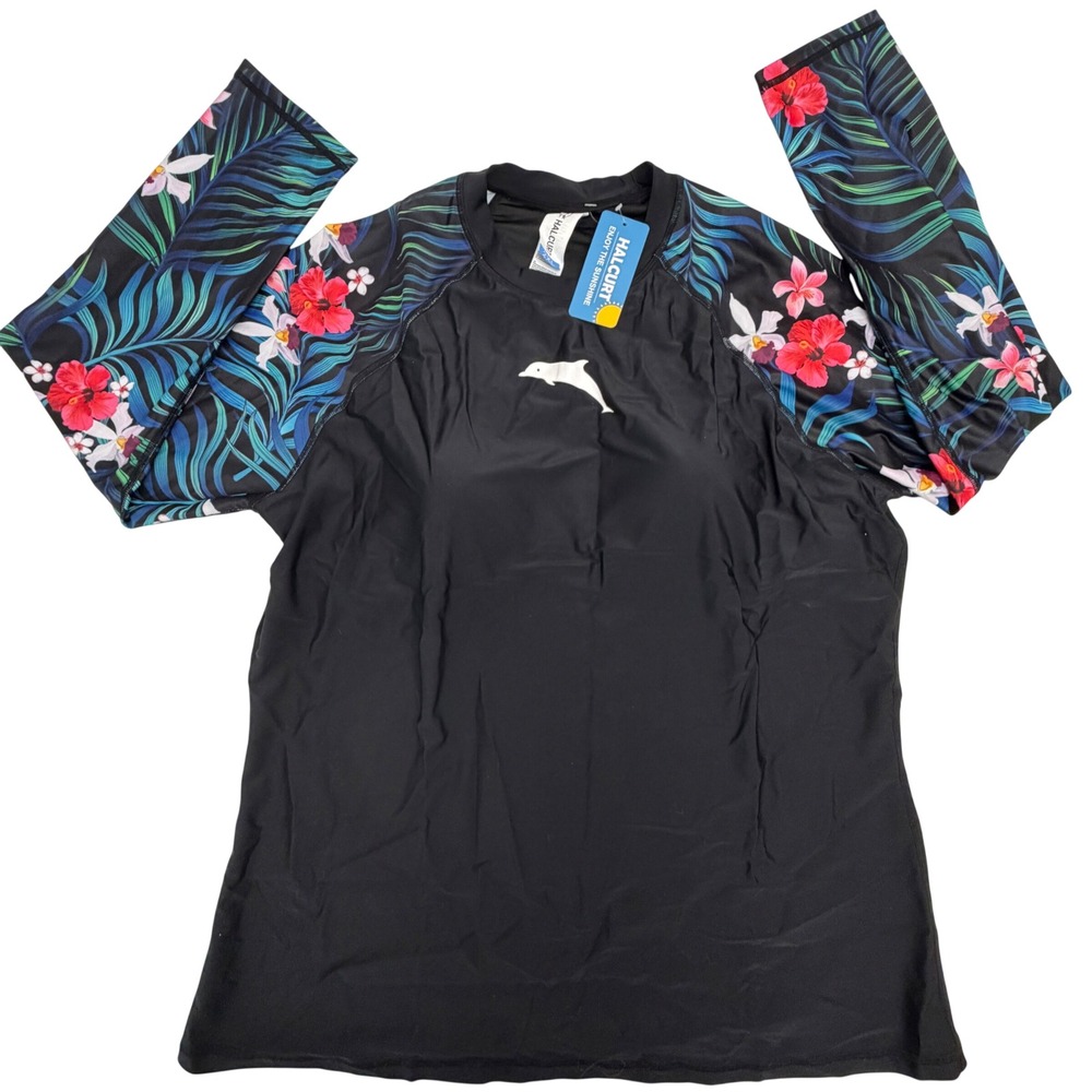 Halcurt Womens 2XL Rash Guard Swim Top Black Floral Long Sleeve Built-in Bra NEW